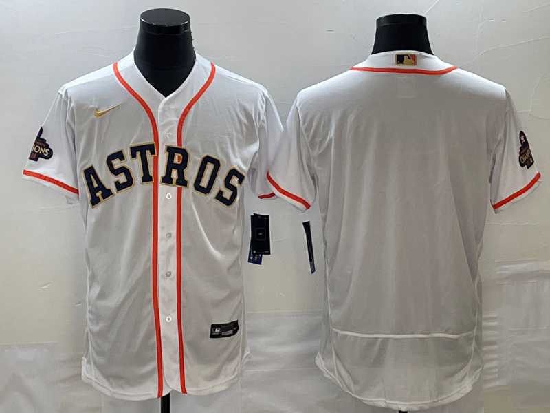Men%27s Houston Astros Blank 2023 White Gold World Serise Champions Patch Flex Base Stitched Jersey